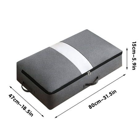 Grey flat quilt-storage bag with a white centre stripe and dimension diagram.
