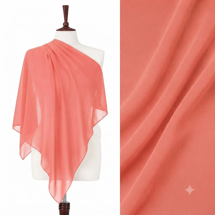 Coral chiffon stole on a mannequin with a fabric close-up.