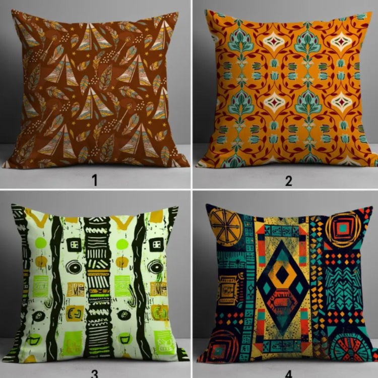 Four cushion covers with brown, orange, green and blue geometric prints.