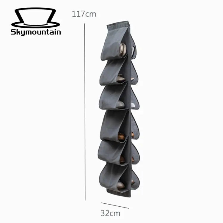 Grey hanging shoe organizer with dimension markings.