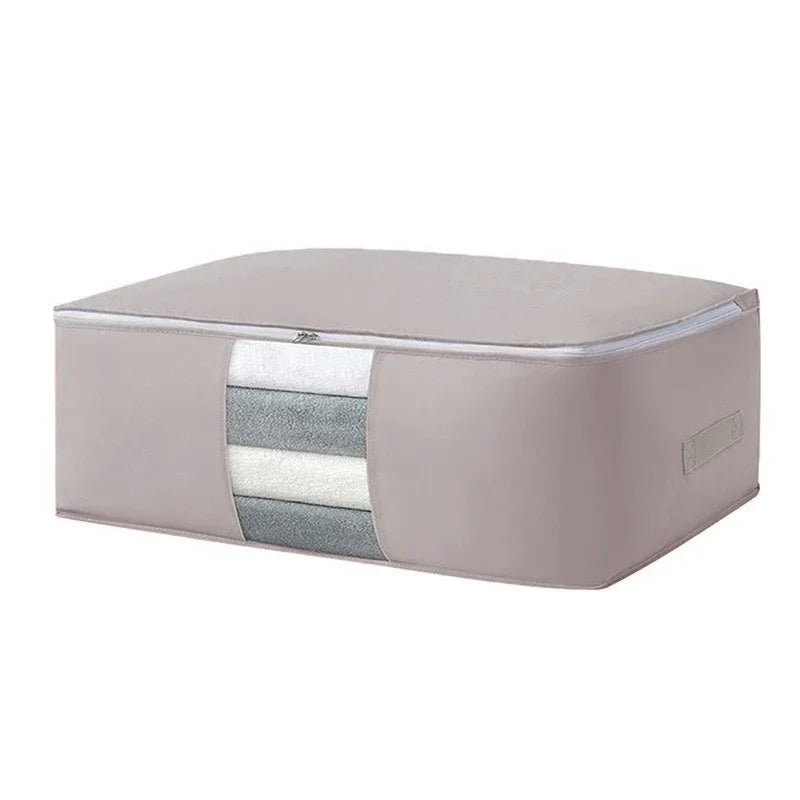 Grey zippered clothes-storage bag with a transparent front panel.