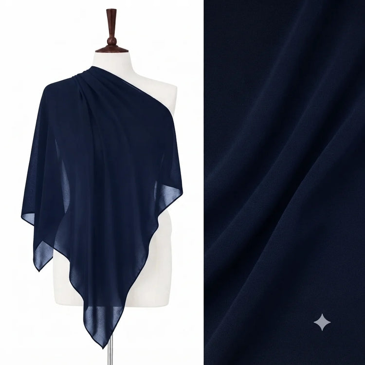 Dark navy chiffon stole on a mannequin with a fabric close-up.