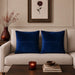 Two navy cushion covers with fine horizontal stitched lines on a beige sofa.