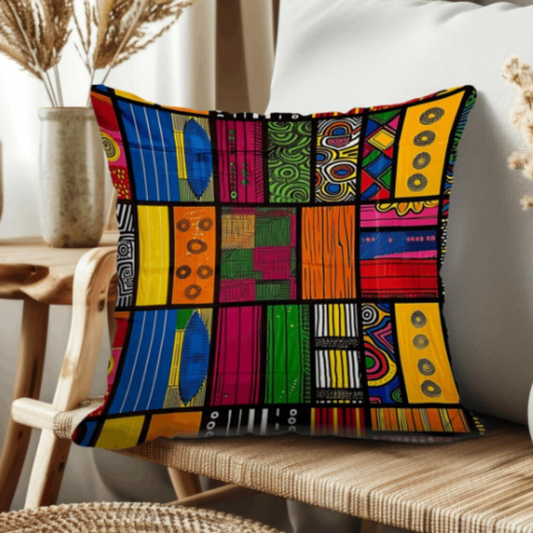 Cushion cover with bright rectangular patchwork panels and varied geometric details.
