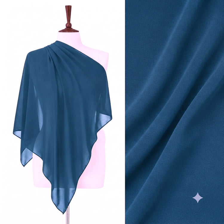 Teal chiffon stole on a mannequin with a fabric close-up.