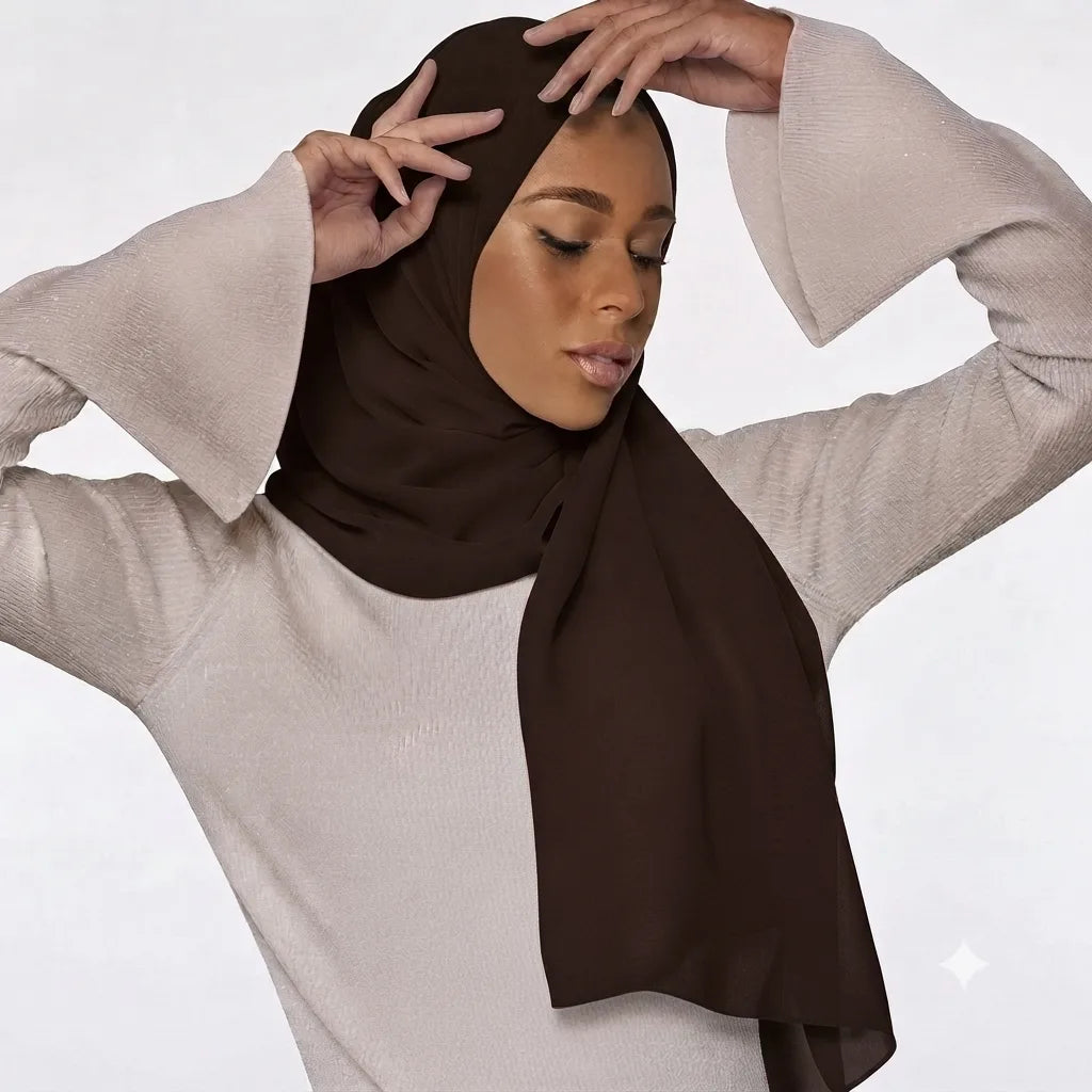 Model wearing a plain brown chiffon stole as a headscarf.