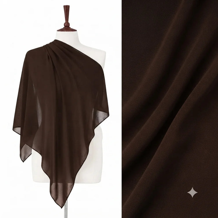 Brown chiffon stole on a mannequin with a fabric close-up.