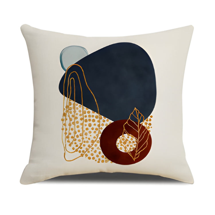 Cream cushion cover with navy and rust circular shapes and fine gold coloured loops.