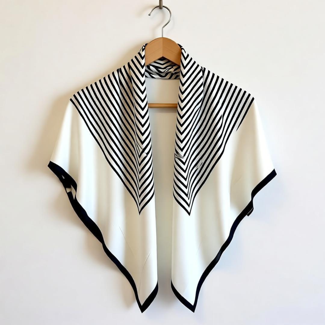 Cream and black chevron-striped scarf displayed on a wooden hanger.