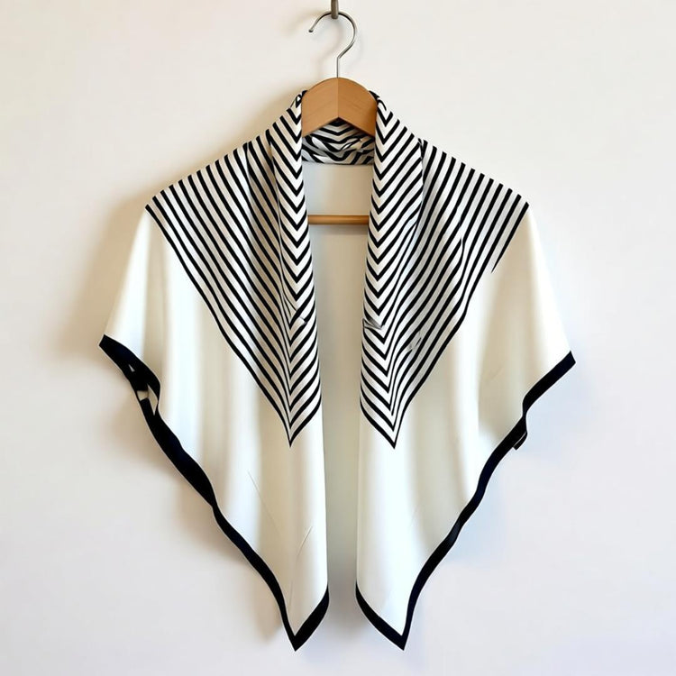 Cream and black chevron-striped scarf displayed on a wooden hanger.