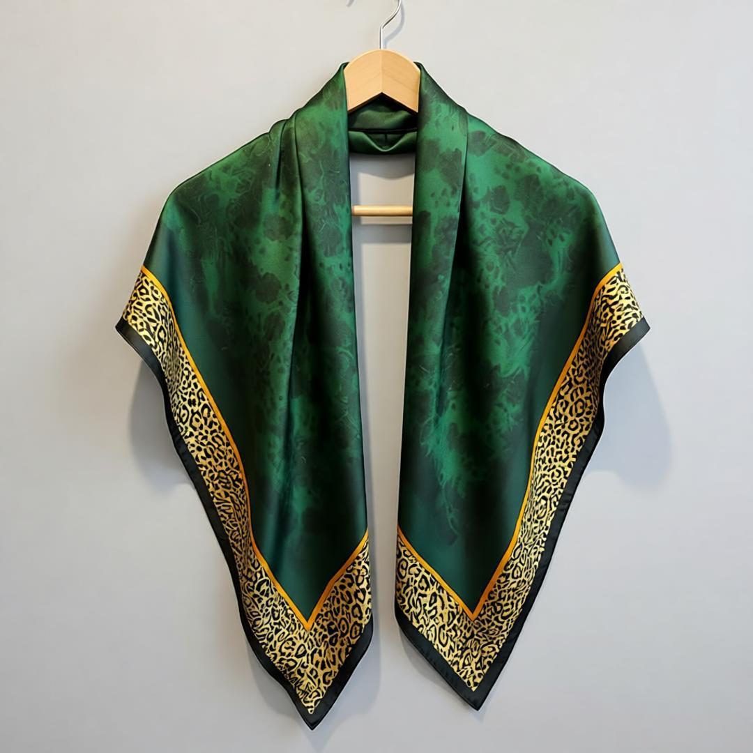 Deep green scarf with a gold border displayed on a wooden hanger.