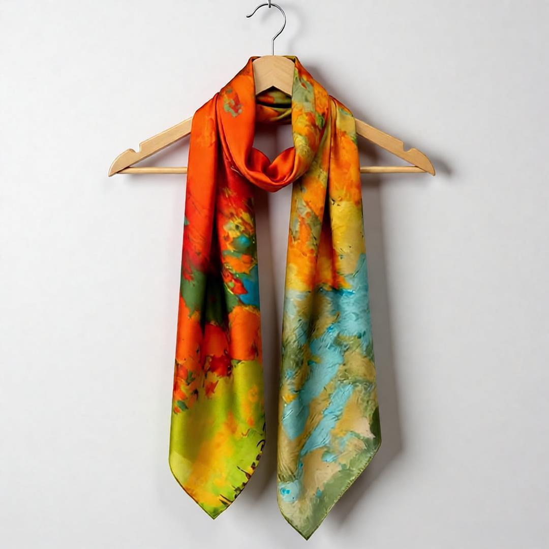 Multicoloured painterly scarf displayed on a wooden hanger.