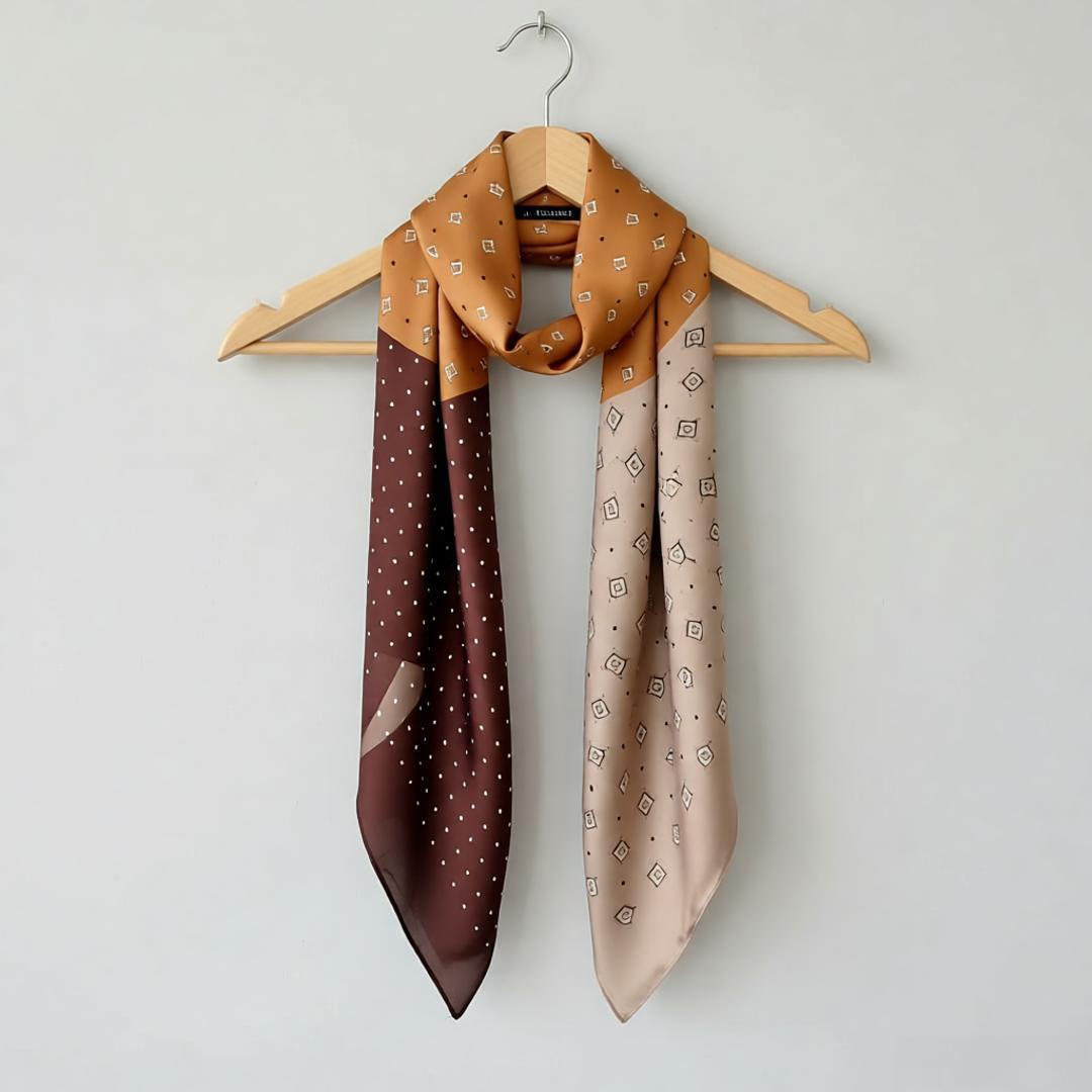 Amber, cream and brown patterned scarf displayed on a wooden hanger.