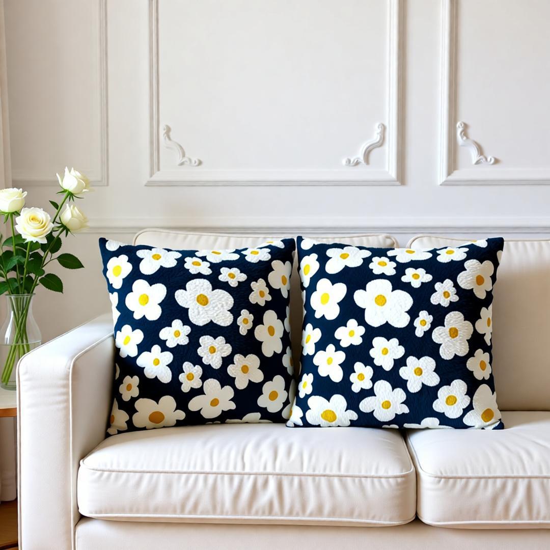 Two navy cushion covers with large white and pale blue flowers on a sofa.