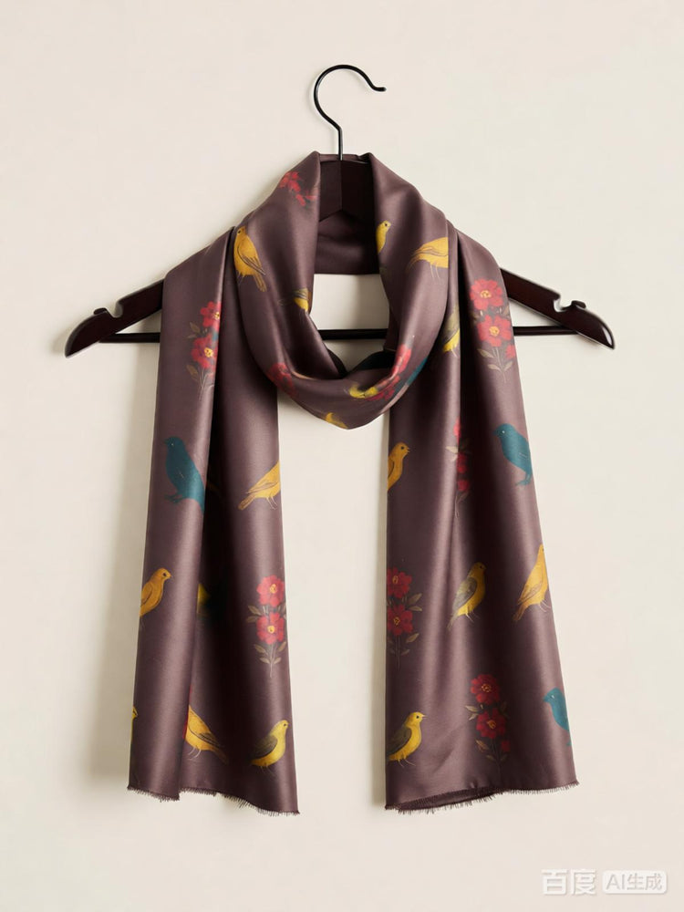Dark brown bird-pattern scarf displayed on a dark hanger.
