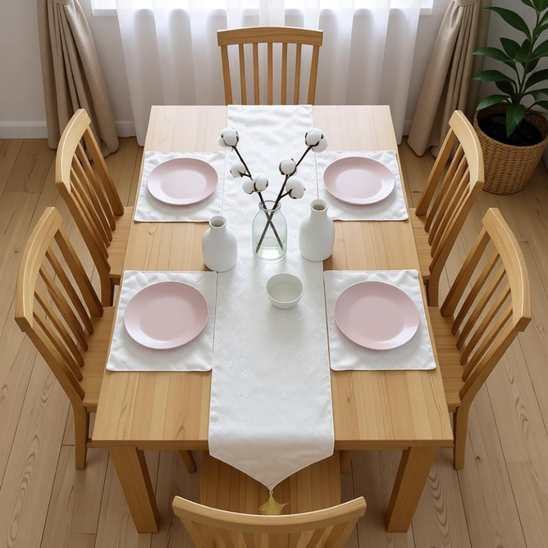 Cream textured table runner with matching placemats.