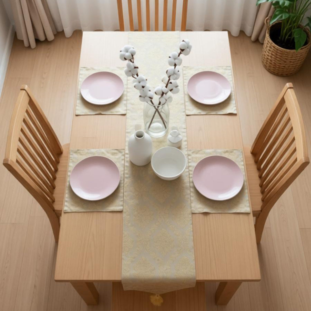 Pale silver textured table runner with matching placemats.