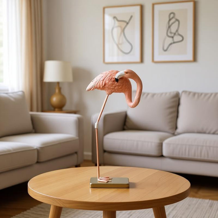 Pink flamingo ornament on a gold-coloured stand in a living-room setting.