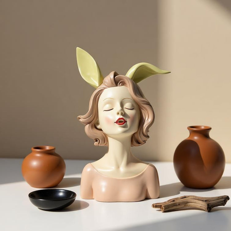 Decorative girl bust with gold-coloured rabbit-ear details.