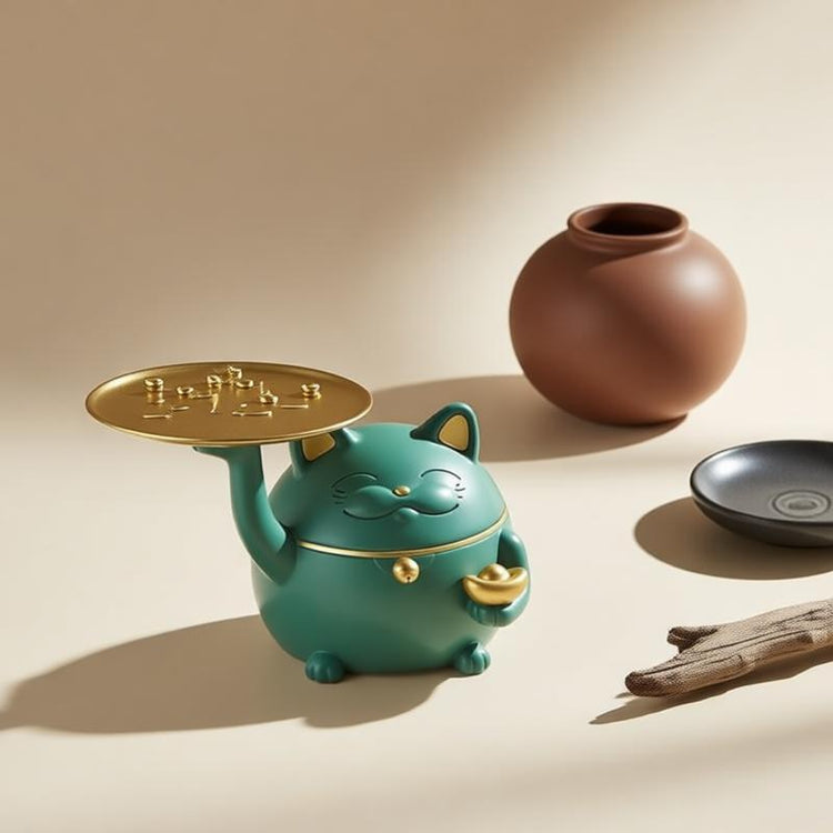Green cat figurine holding a gold-coloured serving tray.