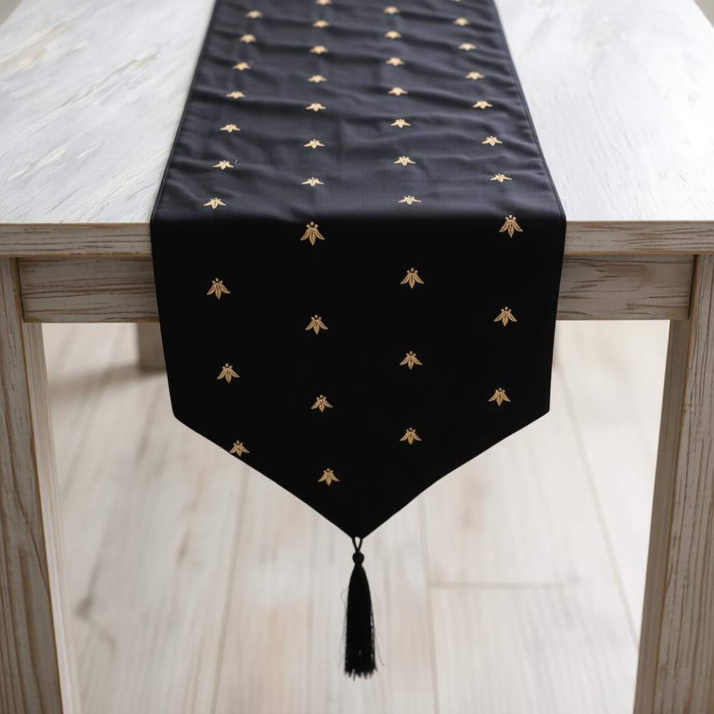 Royal Black Embroidered Velvet Table Runner: