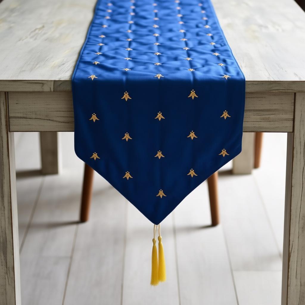 Royal blue velvet table runner with small gold-coloured motifs and a tasselled point.