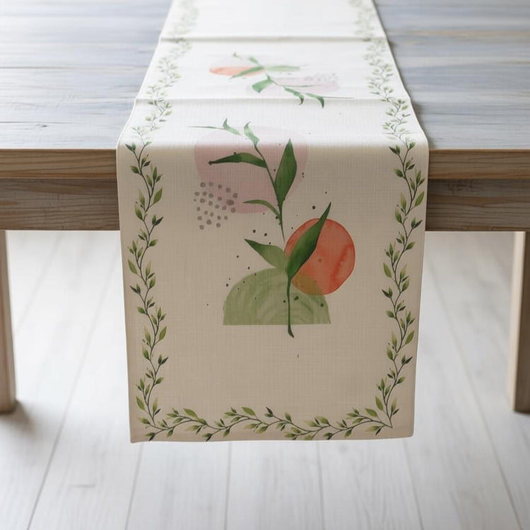 Cream table runner with a bird on a leafy branch and a delicate green border.