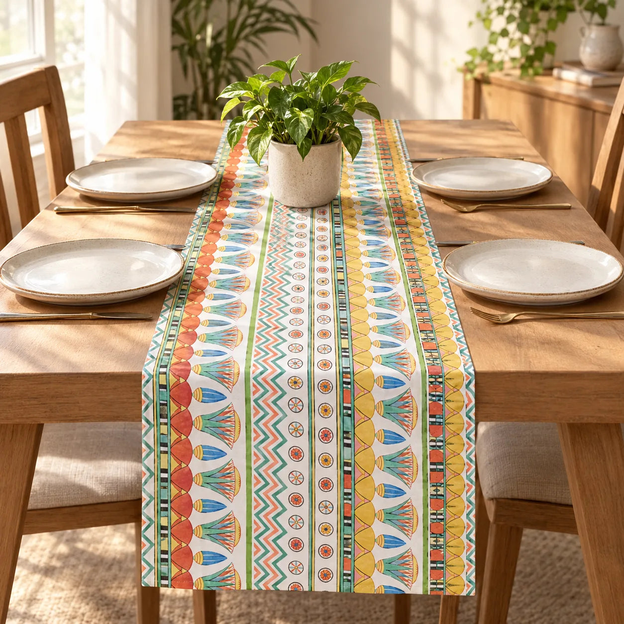 A colorful table runner with a Southwestern geometric pattern in yellow, orange, green, and blue, styled on a wooden dining table with plates and a potted plant.