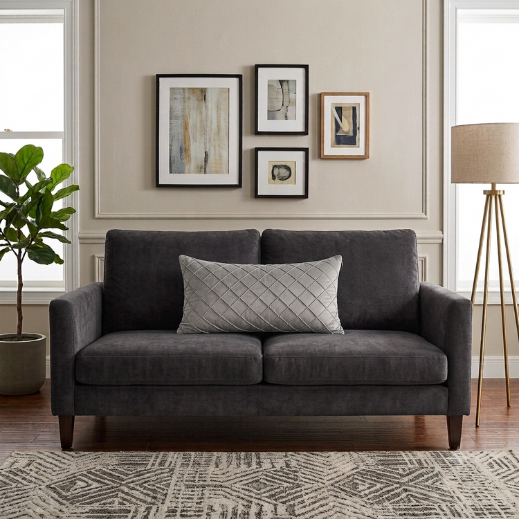 Rectangular silver grey filled cushion with diamond stitching on a dark grey sofa.