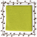 Folded yellow-green baby blanket with a fine striped texture, framed by decorative berry branches.