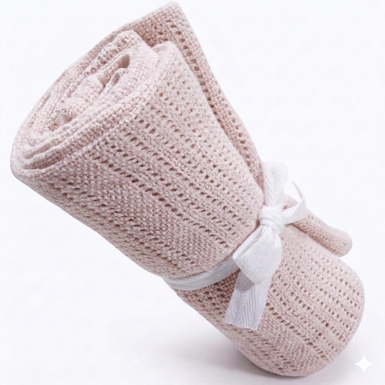 Rolled pale blush cellular blanket tied with a white ribbon.