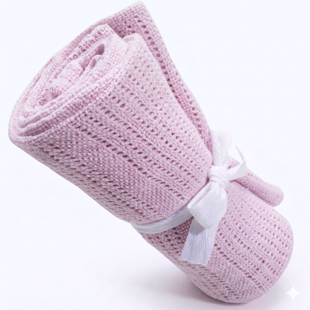 Rolled lilac-pink cellular blanket tied with a white ribbon.