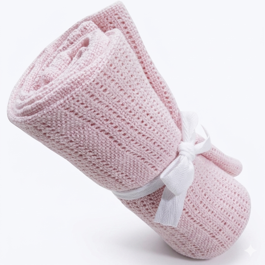 Rolled light pink cellular blanket tied with a white ribbon.