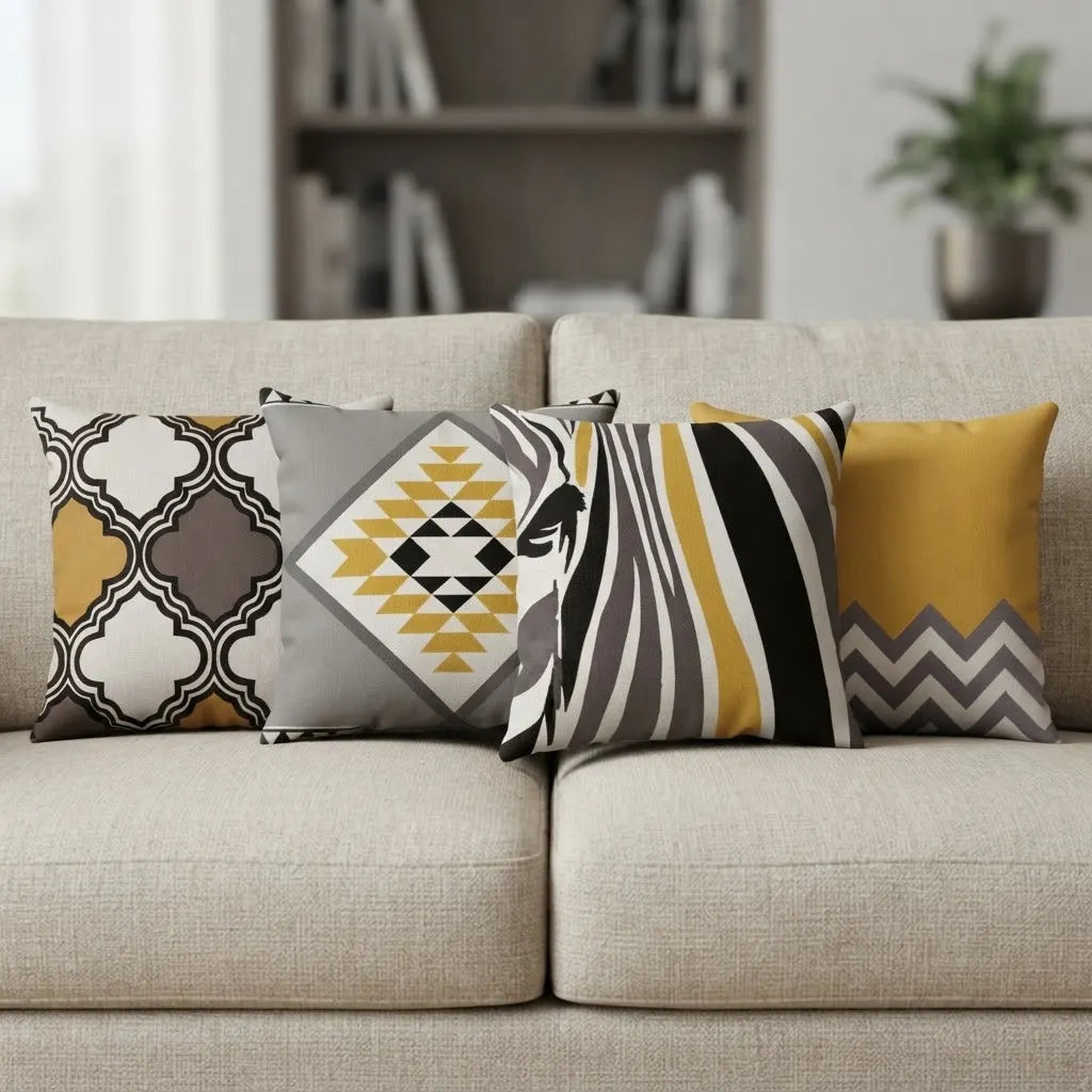 Four mustard, grey, black and white cushion covers with lattice, diamond, curved-stripe and zigzag designs on a light sofa.