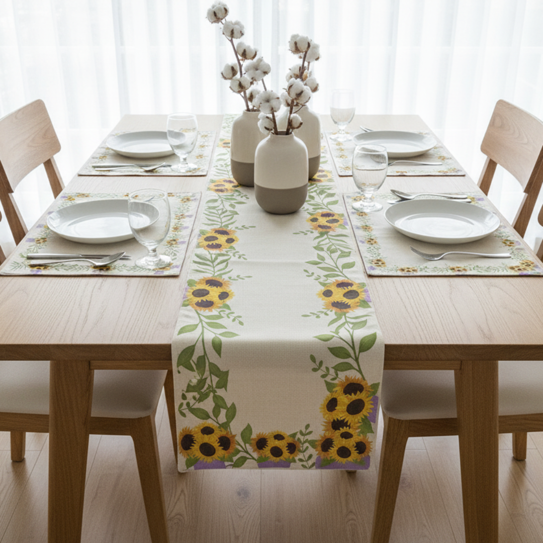 Cream sunflower table runner with green borders and matching placemats.