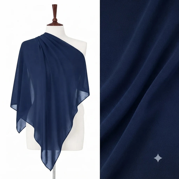 Navy chiffon stole on a mannequin with a fabric close-up.