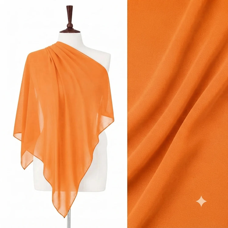 Orange chiffon stole on a mannequin with a fabric close-up.