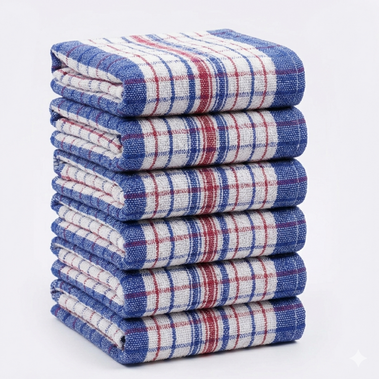 Stack of blue, red and white checked kitchen towels.