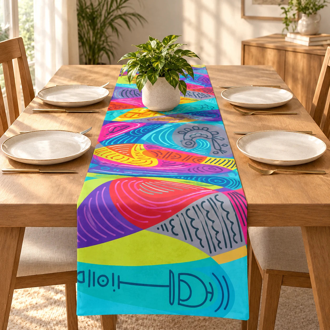 A colorful abstract-patterned table runner laid down the center of a wooden dining table set with white plates, gold cutlery, and a potted green plant in a bright, sunlit room.