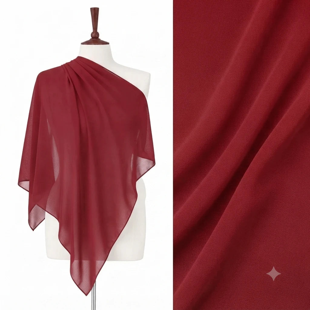 Burgundy chiffon stole on a mannequin with a fabric close-up.