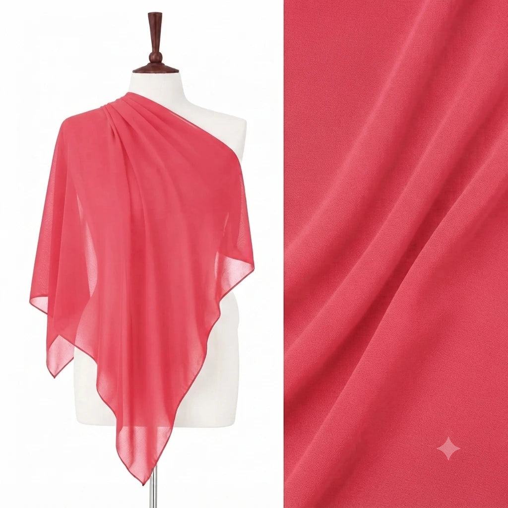 Bright pink chiffon stole on a mannequin with a fabric close-up.