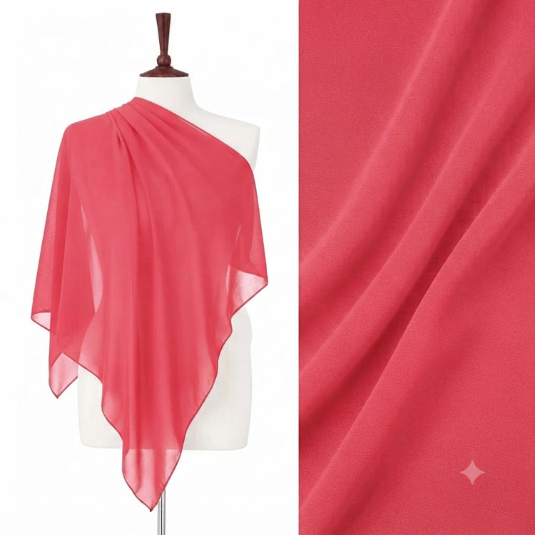 Bright pink chiffon stole on a mannequin with a fabric close-up.