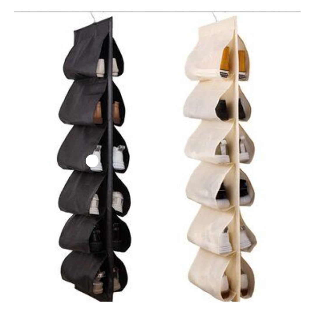 Black and cream hanging shoe organizers shown side by side.