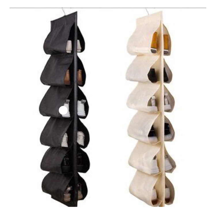 Black and cream hanging shoe organizers shown side by side.