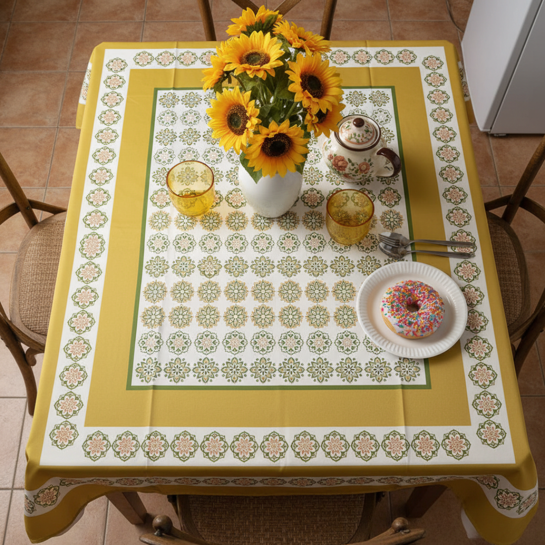 Overhead view of a mustard and cream ornamental tablecloth beneath tea and sunflowers.