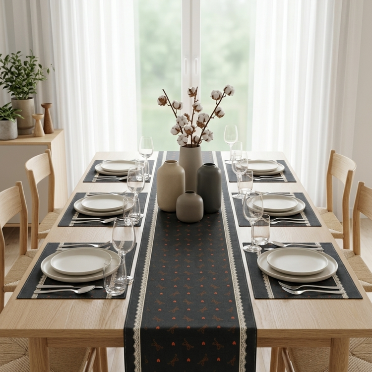 Black patterned table runner with matching placemats.