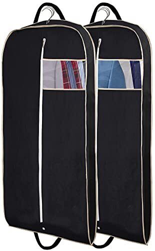 Two black travel garment bags with clear windows and carrying handles.