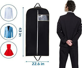 Black hanging garment bag shown with a suit and dimension markings.