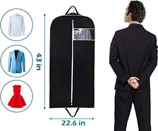 Black hanging garment bag shown with a suit and dimension markings.