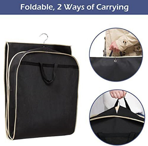Black garment bag folded for carrying, with inset carrying-handle and fastening details.